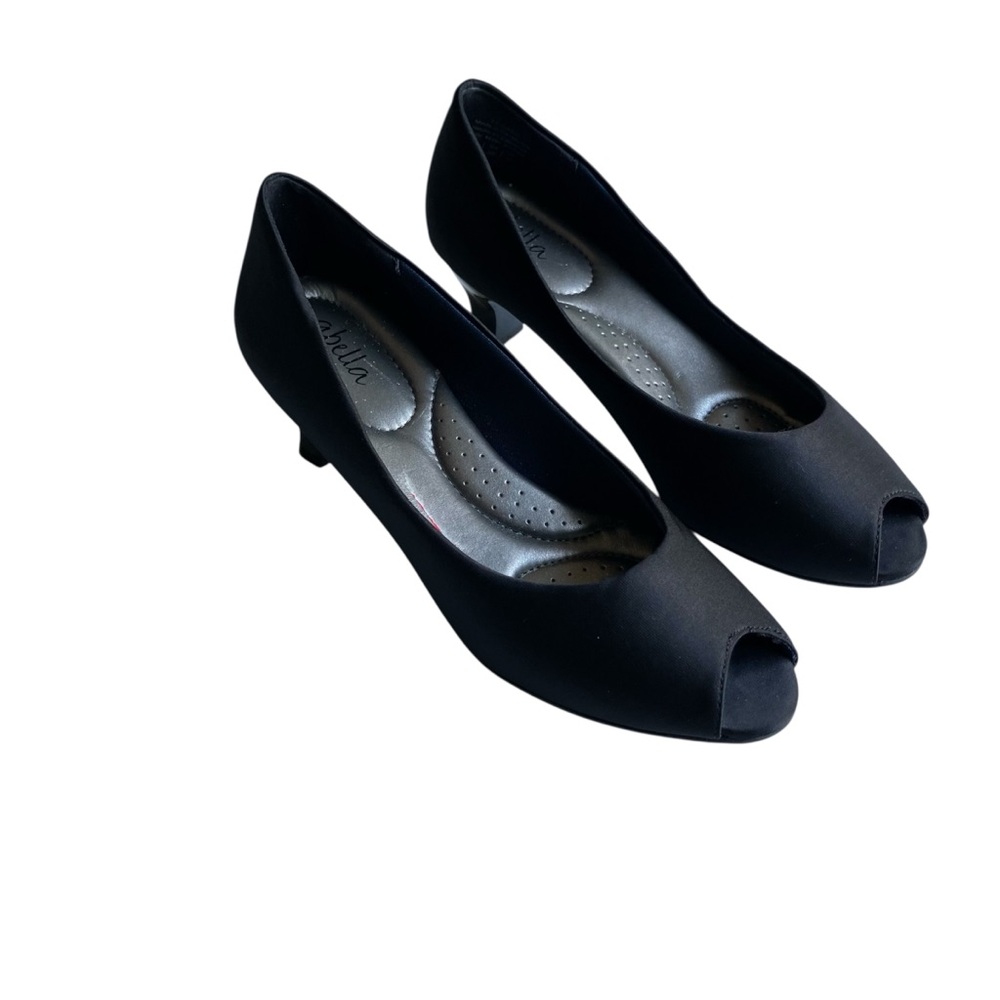 Abella Legassi Kitten Heel Peep Toe Pumps Size 8 Navy Satin Classic Court Office